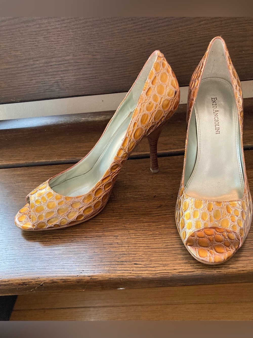 Enzo Angiolini Bronze Metallic Crocodile Embossed Peep Toe Heels - Size 9M